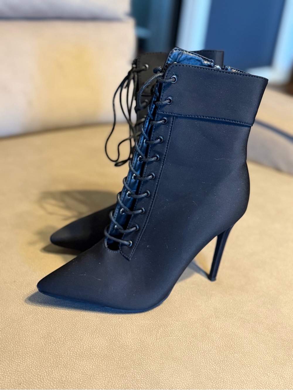 Women's Black Pointed Lace-Up Stiletto Ankle Boots